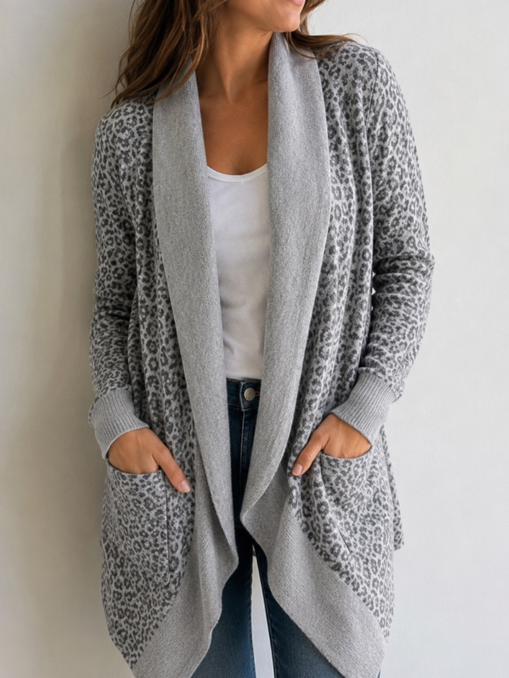 Yet Again Gray Leopard Print Waterfall Cardigan 100% Cotton Size Small